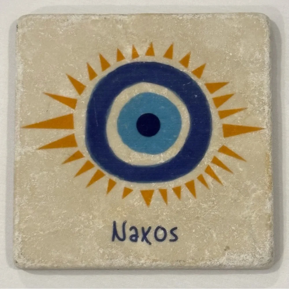 Authentic Naxos Greece Marble Coaster - 4x4” Evil Eye (Mati) Hand-Printed Design